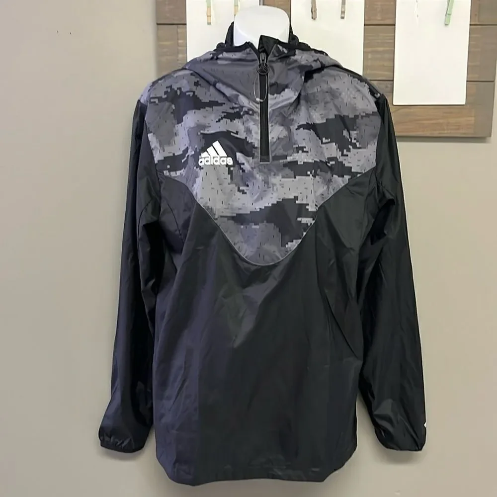 Adidas Black Pullover Camo Hooded Soccer Windbreaker with Longer Back Flap-Small